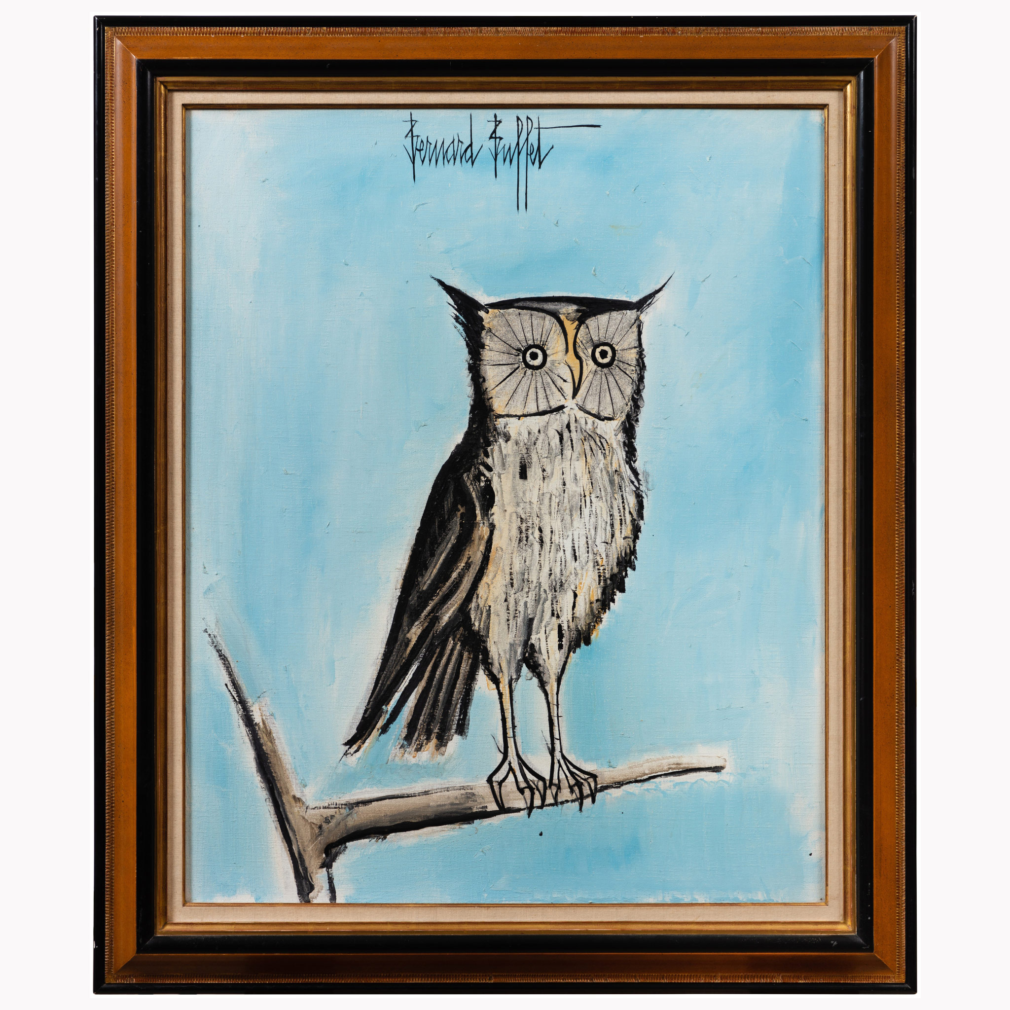 Bernard Buffet (1928 – 1999), Hibou sur une branche, fond bleu, 1982, Huile sur toile. D : 81 x 65,5 cm. Coll Privée.